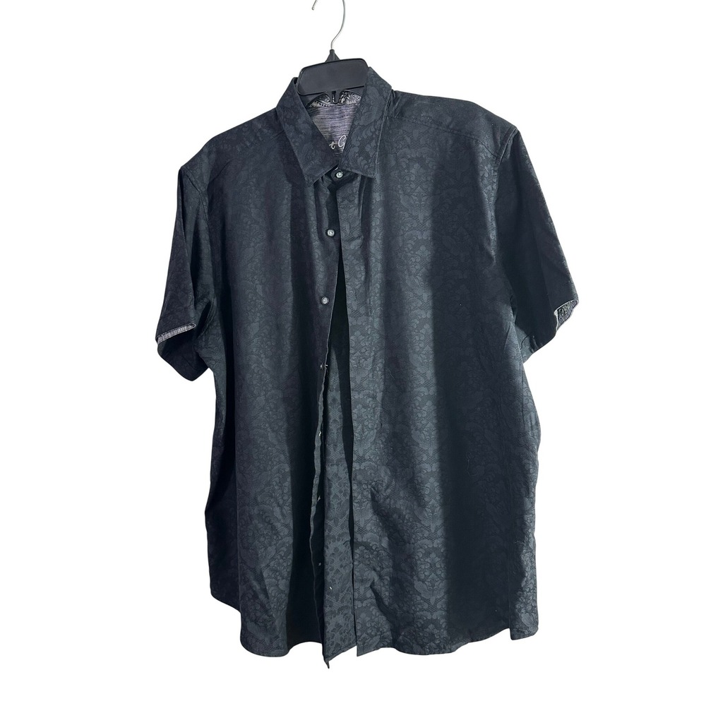 Robert Graham Mens 2XL Black Damask Jacquard Short Sleeve Button Down Shirt